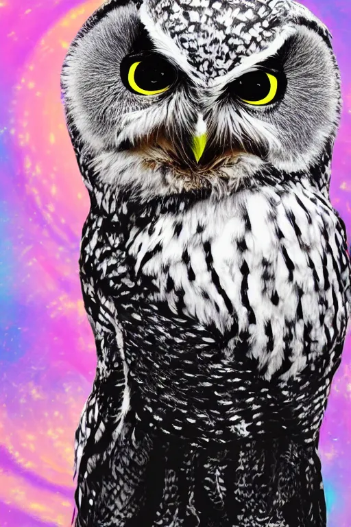 Prompt: cute little owl wearing black biker jacket, portrait photo, backlit, studio photo, pastel swirls background