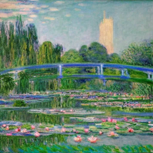 Prompt: monet's the water lily pond with a city scape in the background, neon high - rises