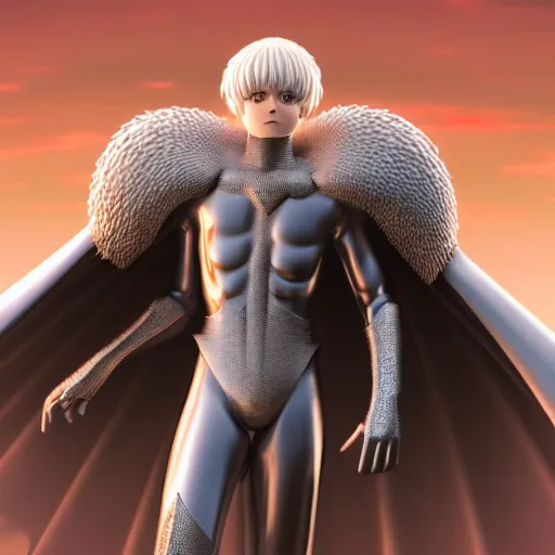 Image similar to full body portrait of griffith from berserk manga, posing, symmetrical composition, centred composition, hyperdetailed, octane render, photorealism 4 k
