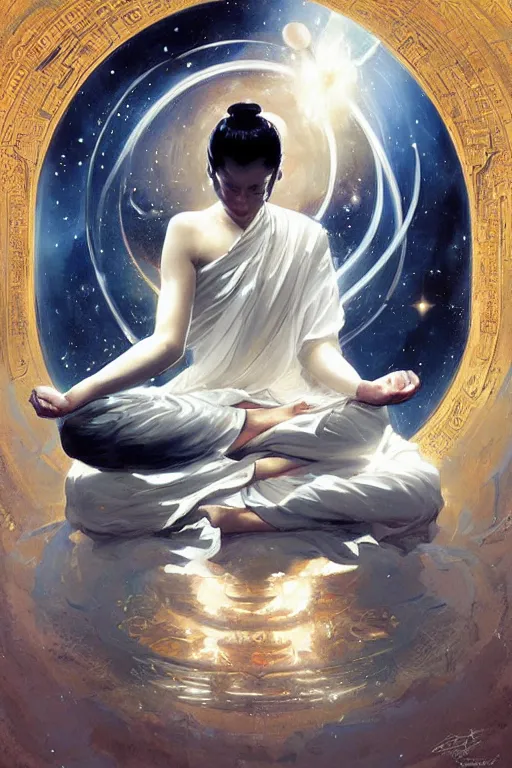 Image similar to space, buddhism, taoism, painting by greg rutkowski, j. c. leyendecker, artgerm