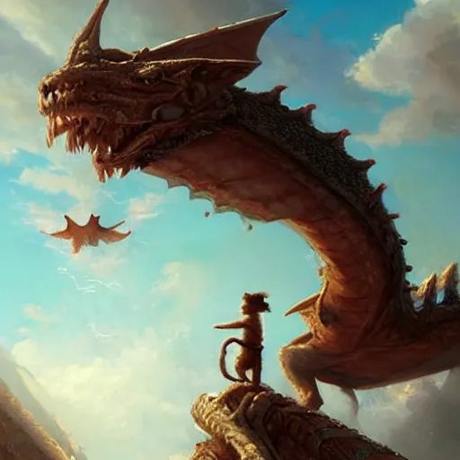 Image similar to a dog, a little terrier, looking up a huge dragon flying overhead, beautiful fantasy painting by greg rutkowski