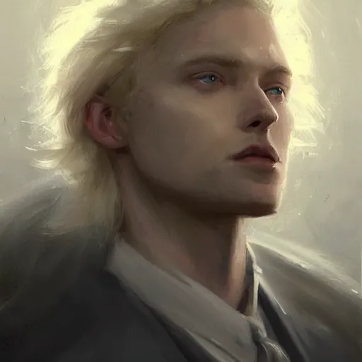 Image similar to Portrait of an androgynous man by Greg Rutkowski, he is about 30 years old, mixture between russian and irish, long fluffy blond curly hair, attractive, extremely pale white skin, smart looking, he is wearing a black futuristic lawyer outfit, highly detailed portrait, scifi, digital painting, artstation, concept art, smooth, sharp foccus ilustration, Artstation HQ