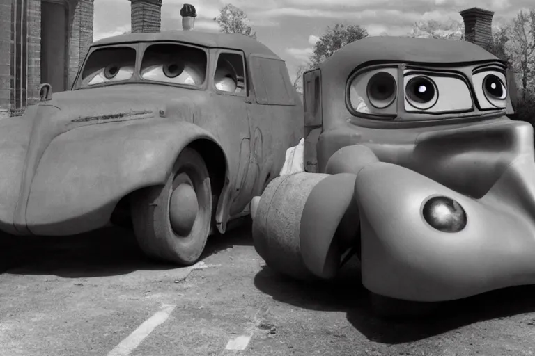 Image similar to mia and tia from the movie cars as war machines. photograph 35mm. ww2 footage. black and white.