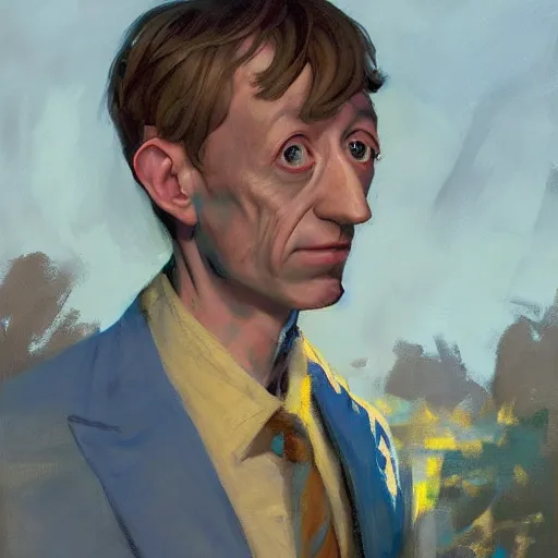 Image similar to greg manchess portrait of dobby the house holding the body of a man in a blue suit over his head, organic painting, sunny day, matte painting, bold shapes, hard edges, street art, trending on artstation, by huang guangjian, gil elvgren, ruan jia, randy vargas, greg rutkowski