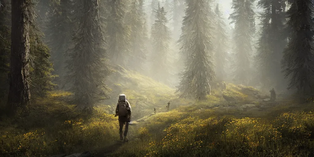 Prompt: a hiker with backpack hikes through the forest, first light, mountains, meadow, wildflowers, heard of elk, clouds, dramatic lighting, sunrise, by greg rutkowski and jeffrey smith, trending on artstation