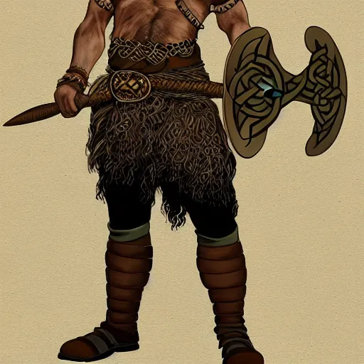 Image similar to full body character design reference art of Eoghaill of the Murine Hordes, a male La Tene Culture Celtic chieftain and warrior, resplendent and proud of bearing, long black hair, hirsute and muscled, wielding a Celtic longsword. Has a rat familiar. high quality, high detail, realistic painting, in the style of: Angus McBride, Rebecca Guay, and Michael William Kaluta. photorealistic light.
