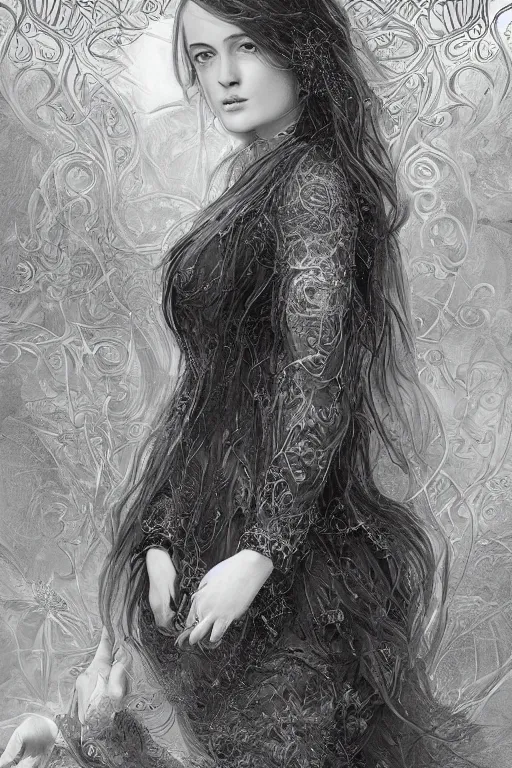 Image similar to An extremely beautiful pre-raphaelite ornate portrait of a very beautiful witch, ultradetailed, intricate, elegant, digital art painting, concept art, smooth, sharp focus, magazine art cover illustration, regal, award winning picture, extremely detailed masterpiece, sense of awe, featured on Artstation, Artgerm, ethereal bubbles, Aetherpunk, atmospheric lightning, Exquisite floral details, 8K detail post-processing