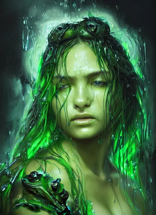 Image similar to epic portrait cinematic shot an frog goddess, wet green flowing hair, green glowing eyes, green lips, sweaty skin, green robes, fine details. night setting. realistic shaded lighting poster by craig mullism, artgerm, jeremy lipkin and michael garmash, unreal engine, radiant light, detailed and intricate environment, digital art, trending on art station,