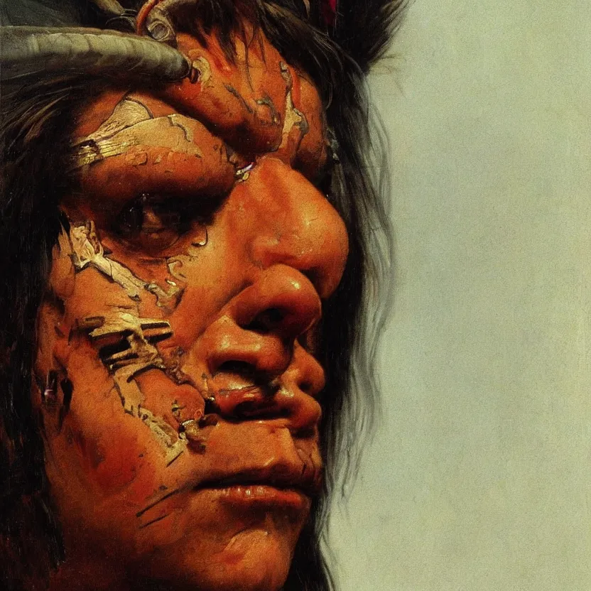 Prompt: a baroque neoclassicist close - up portrait of a native american wearing warpaint. head, face and shoulders, foggy background. renaissance portrait painting. highly detailed science fiction painting by norman rockwell, frank frazetta, and syd mead. rich colors, high contrast, gloomy atmosphere, dark background. trending on artstation.