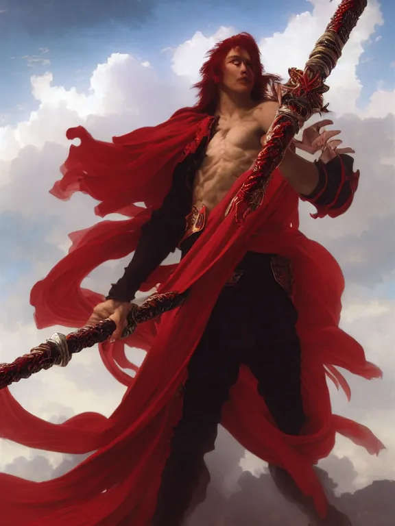 Image similar to A Portrait of a boisterous Red Mage wearing striped shining armor holding a staff of power surrounded by an epic cloudscape. The Magus Omega . Red Wizard. Morpheus. Symmetrical. masterpiece. 4k digital illustration. by Ruan Jia and Artgerm and Andreas Rocha and William-Adolphe Bouguereau and Jean-Baptiste de Champaigne. award winning, Artstation, intricate details, realistic, Hyperdetailed, 8k resolution. Concept Painting. Key Art