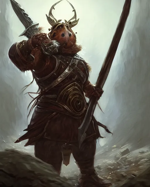 Prompt: Huge guinea pig warrior in armor holding a two-handed battle axe, portrait, woodlands, magic the gathering artwork, D&D, fantasy, cinematic lighting, centered, symmetrical, highly detailed, digital painting, artstation, concept art, smooth, sharp focus, illustration, volumetric lighting, epic Composition, 8k, art by Akihiko Yoshida and Greg Rutkowski and Craig Mullins, oil painting, cgsociety