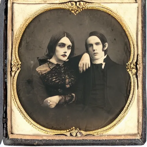 Prompt: Daguerreotype of a post-punk goth couple