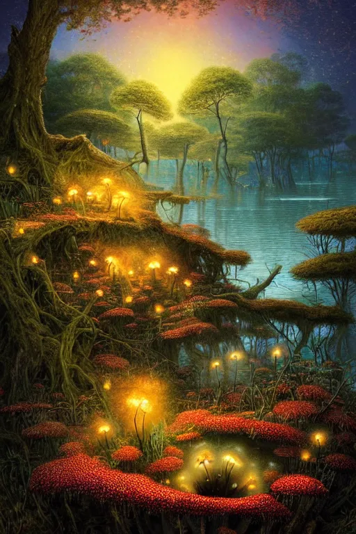 Image similar to a beautiful digital illustration painting of a detailed fantasy fireflies lake and roots, dark mushroom, speckled mushroom, kittens, flowers by benoit b. mandelbrot, steven belledin, martin johnson heade, lee madgwick, caspar david friedrich, and david rios ferreira. 8 k resolution trending on artstation concept art digital illustration