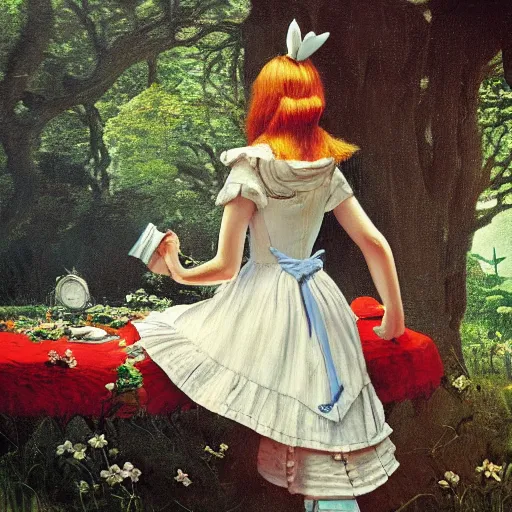 Prompt: Alice in Wonderland, painting by Caspar David Friedrich, oil, high detail, trending on artstation