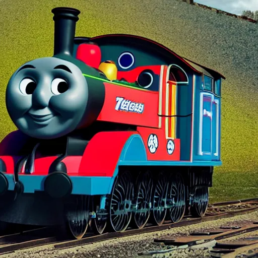 Image similar to a malevolent thomas the tank engine speeding towards a person tied to the tracks