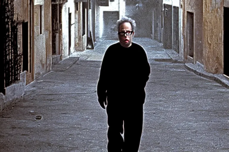 Image similar to old israeli street, todd solondz walking alone, smoking, clear face of todd solondz, black cat, vaporwave colors, state of melancholy, romantic, dimmed lights, realistic
