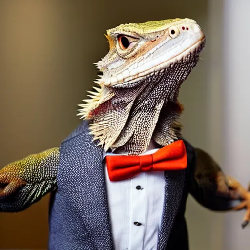 Image similar to a bearded dragon standing up, wearing a suit and tie in a restaurant