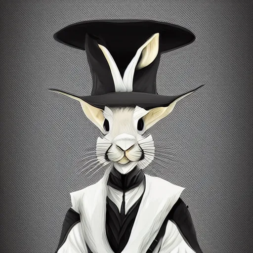 Prompt: anthropomorphic jackrabbit harengon with black skin and white highlights, wearing stylized monk robes and a very wide brimmed black safari hat, focus on hat, digital art featured on artstation