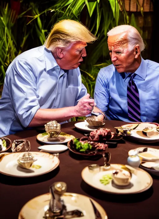 Image similar to Trump and Biden having dinner at a fancy Balinese restaurant, award winning photography, sigma 85mm Lens F/1.4, perfect faces