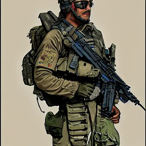 Prompt: Hector. USN special forces recon operator on patrol Australian neutral zone. 2087. Concept art by James Gurney and Alphonso Mucha