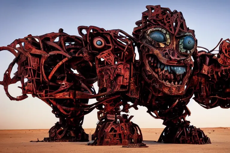 Prompt: a gigantic angry monster made of scrap metal with red eyes, standing in the desert, looking at camera, realism, photo realistic, high quality,