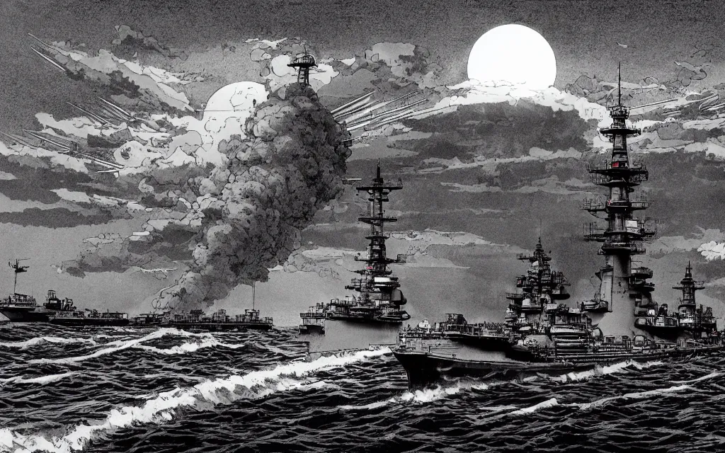 Image similar to japanese battleship yamato in front of huge nuclear explosion, in the style of james jean and laurie greasley, dynamic composition, dramatic lighting, ultra detailed