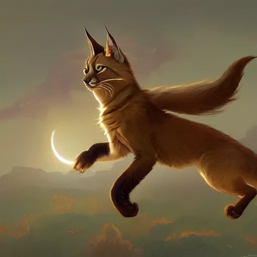 Image similar to Illustration of cute caracal chasing the moon through the sky, league of legends, LOL, fantasy, d&d, digital painting, artstation, concept art, sharp focus, illustration, art by greg rutkowski and alphonse mucha