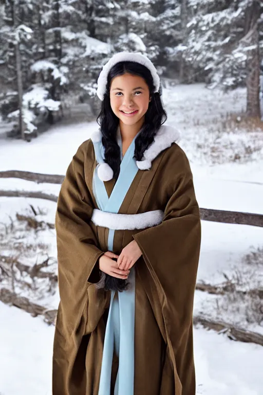 Image similar to full-length photo of real life Katara from Avatar, smiling, looking at camera in snowy winter, wearing kimono