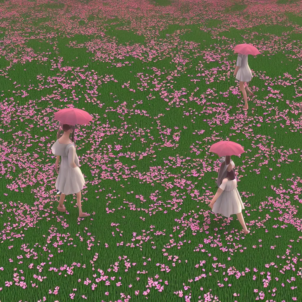 Prompt: beautiful scene render of a girl is walking in the falling flowers with an umbrella, unreal engine, global illumination, radiant light, detailed and intricate environment, 8 k