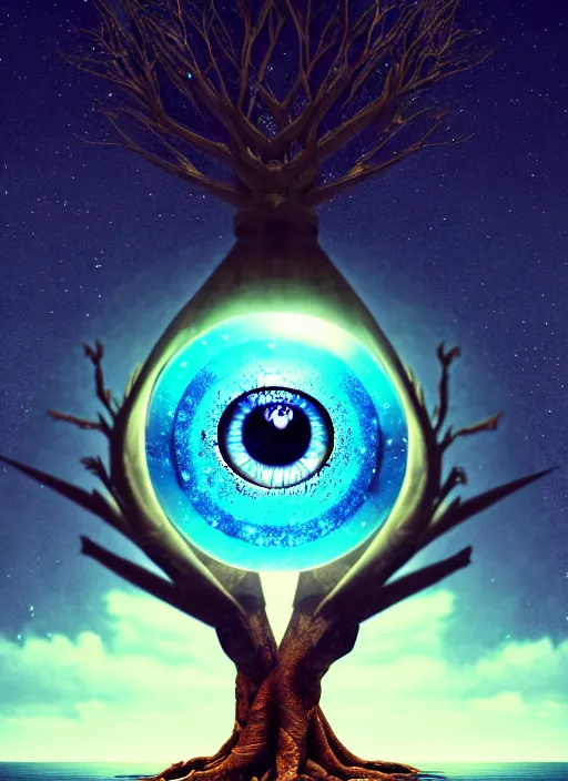 Image similar to a god tree from which planets or galaxies hang instead of futas, the tree is on top of a calm sea, in the background there is an eye whose iris coincides with the tree. fantasy art, horror, nightmare, photo realistic, dynamic lighting, artstation, poster, volumetric lighting, very detailed faces, 4 k, award winning