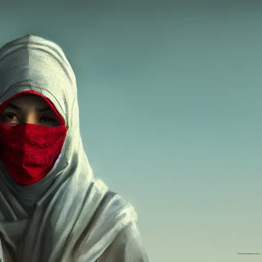 Image similar to woman with cloth covering her whole face, highly detailed, modern, digital art, red color, unreal engine, photorealism, cinematic lighting, 8k photorealistic, dramatic, trending on artstation, by Greg Rutkowski