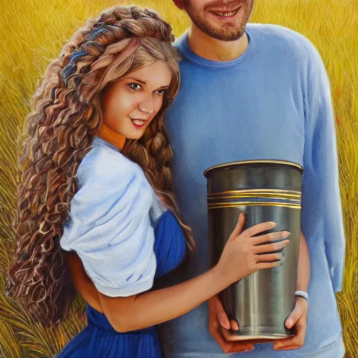 Image similar to a highly detailed painting of a young couple holding a tin can, hjalteyri, summer, blonde hair, trending on artstation,