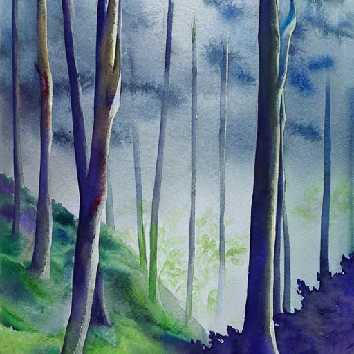 Prompt: a beautiful watercolor painting of an epic appalachian wilderness at dawn by georgia o'keeffe, wide angle shot, godrays, mystical, deep shadows, epic scale