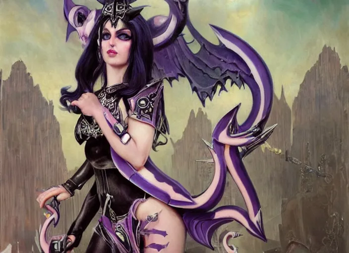 Prompt: Skilled Slaanesh demonette with pink tail and small horns on her head and beautiful long black hair wearing the outfit of slaanesh legions looking at the viewer corrupting an ultramarine space marine, elegant, delicate, powerful, smooth, highly detailed, Artstation, Cgsociety, art by Mark Simonetti and Gil Elvgren and artgerm, mucha, Warhammer illustration, digital art