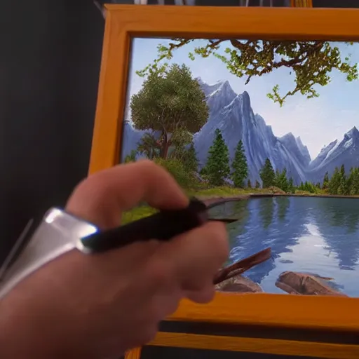 Image similar to a closeup photorealistic photograph of bob ross working on a canvas painting of spiderman. film still. brightly lit scene. mountains and trees. this 4 k hd image is trending on artstation, featured on behance, well - rendered, extra crisp, features intricate detail, epic composition and the style of unreal engine.