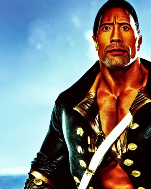 Image similar to Film still close-up shot of Dwayne Johnson as the Captain Hook from the movie Hook. Photographic, photography