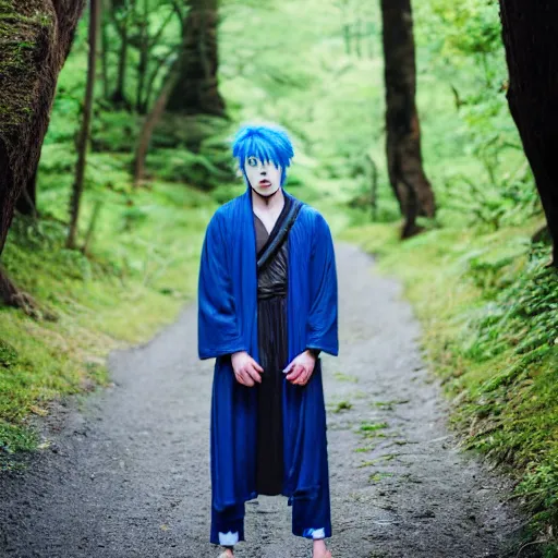 Image similar to rimuru tempest, young man blue hair,!!!!! yellow eyes!!!!! canon eos r 3, f / 1. 4, iso 2 0 0, 1 / 1 6 0 s, 8 k, raw, unedited, symmetrical balance, in - frame