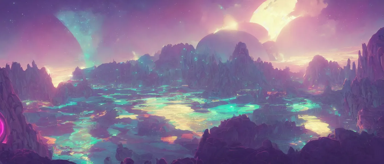 Prompt: antimatter space port on a colorful moon, unreal engine, fantasy art by greg, loish, rhads, ferdinand knab, makoto shinkai, lois van baarle, ilya kuvshinov, rossdraws, tom bagshaw, global illumination, radiant light, highly detailed intricate environment, isometric, onstudio ghibli, octane render, 8 k