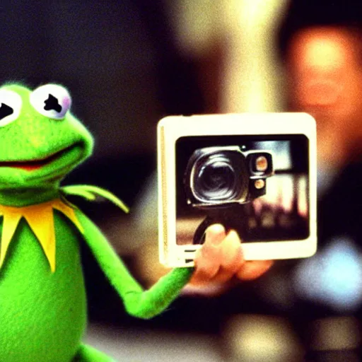 Prompt: polaroid shot of kermit the frog in the movie the matrix