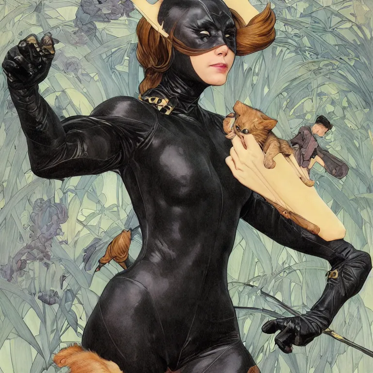 Image similar to Erin Moriarty as Cat Woman, highly detailed, digital painting, artstation, concept art, smooth, sharp focus, illustration, ArtStation, art by artgerm and greg rutkowski and alphonse mucha and J. C. Leyendecker and Edmund Blair Leighton and Katsuhiro Otomo and Geof Darrow and Phil hale and Ashley wood and Ilya repin and Charlie Bowater