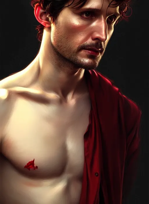 Image similar to ultra realistic illustration, handsome will graham. dark red, blood, intricate, highly detailed, digital painting, artstation, concept art, smooth, sharp focus, illustration, art by artgerm and greg rutkowski and alphonse mucha and wlop