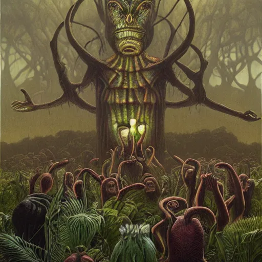 Image similar to a hyperrealistic painting of an alien god preaching to a congregation of small furry creatures in the middle of an alien jungle, bioluminescent plants, by john kenn mortensen and zdzislaw beksinski, highly detailed, vivid color,