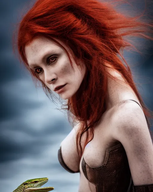 Image similar to 5 5 mm portrait photo of an armored redhead woman with a lizard sitting on her shoulder by luis royo. highly detailed 8 k. intricate. lifelike. soft light. nikon d 8 5 0. cinematic post - processing