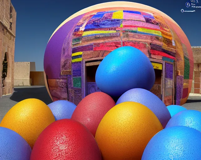 Image similar to םכ a very beautiful scene. processing block environment. a sweet fat old woman is in love with a huge, colorful and beautiful egg. hyper realistic. 4 k. wide angle. in the baroque style. wild. symmetrical face, red mouth, blue eyes. deep focus, lovely scene. processing block environment. concept art. unreal engine.