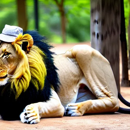 Image similar to lion at the zoo wearing a hat