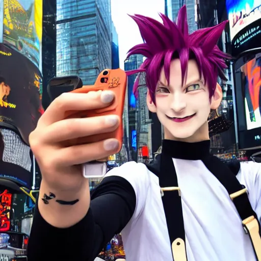 Image similar to hisoka taking a selfie at times square, high quality