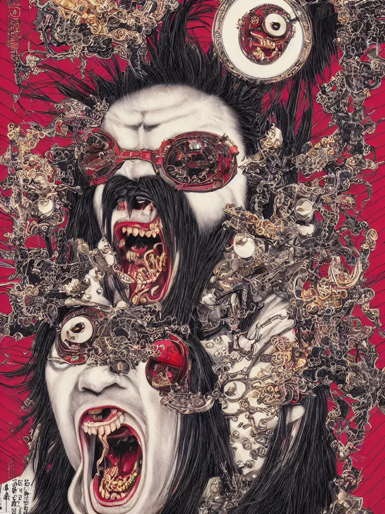 Prompt: face portrait of crazy peking opera character screaming with round digital sunglasses as vampire, close - up, symmetrical, by yoichi hatakenaka, masamune shirow, josan gonzales and dan mumford, ayami kojima, takato yamamoto, barclay shaw, karol bak, yukito kishiro