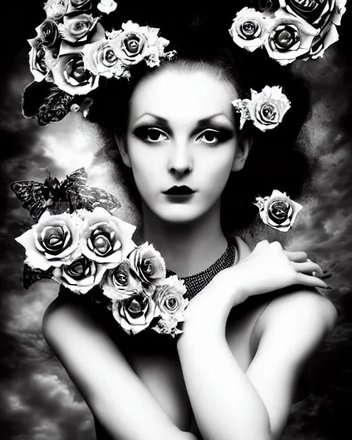 Image similar to a black and white high quality dreamy photo of a young beautiful female queen-pale dragon-vegetal-many big steampunk flowers-cyborg bust with a very long neck, elegant, highly detailed, poetic, soft, dreamy, mysterious, high fashion, rim light, in the style of Ellen von Unwerth, Realistic, Refined, Digital Art, Highly Detailed, Cinematic Lighting, rim light, black and white, photo-realistic, 8K