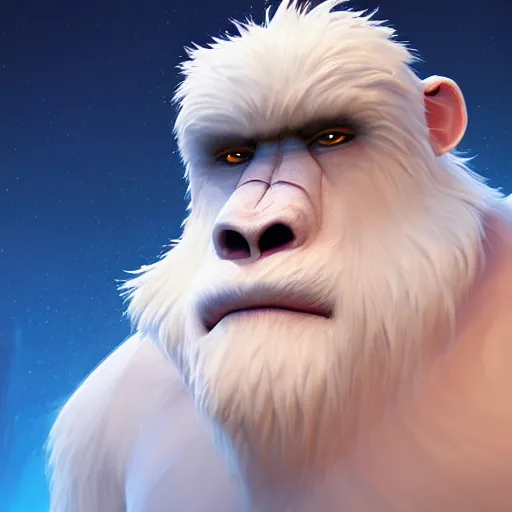 Image similar to portrait of a yeti, a white snow giant primate, mattepainting concept blizzard pixar maya engine on cold night stylized background splash comics global illumination lighting artstation lois van baarle, ilya kuvshinov, rossdraws