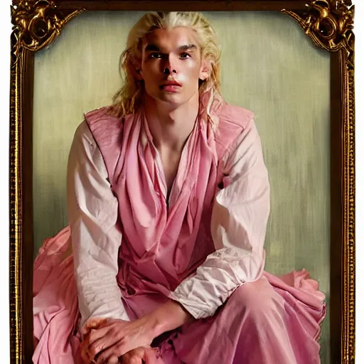 Image similar to beautiful portrait painting of Viserys Targaryen with long curly blond hair, delicate young man wearing a wispy pink silk dress smiling sleepily at the viewer, symmetrically parted curtain bangs, in love by J.C Leyendecker and Norman Rockwell